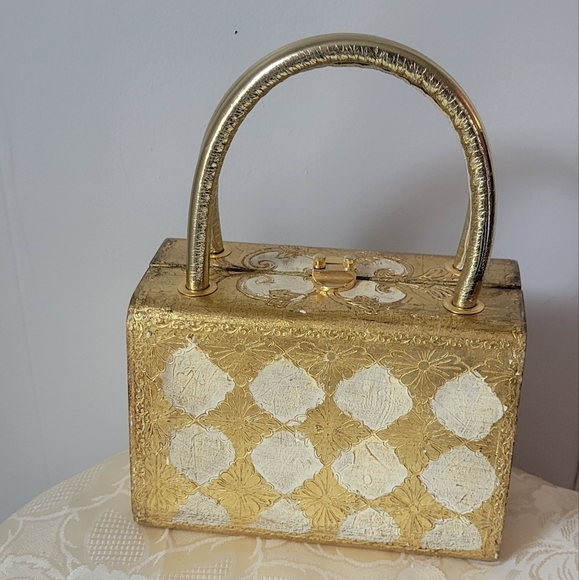 Delill Italian Gold Leaf Handpainted Box Purse Bag Wooden Made in Italy Vintage - Picture 1 of 12